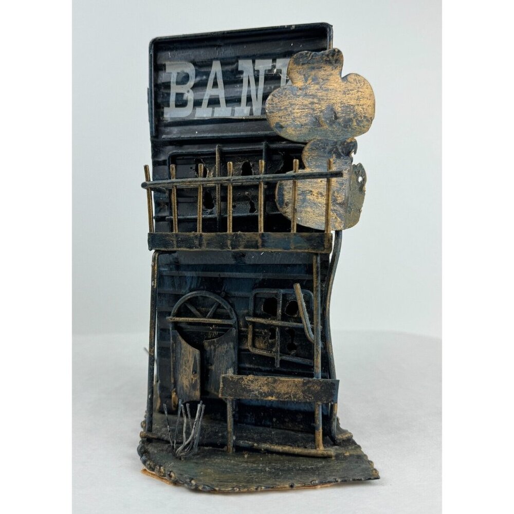 Vintage Tin Ghost Town Savings Bank Coin Box Western Rustic 973691 Halloween